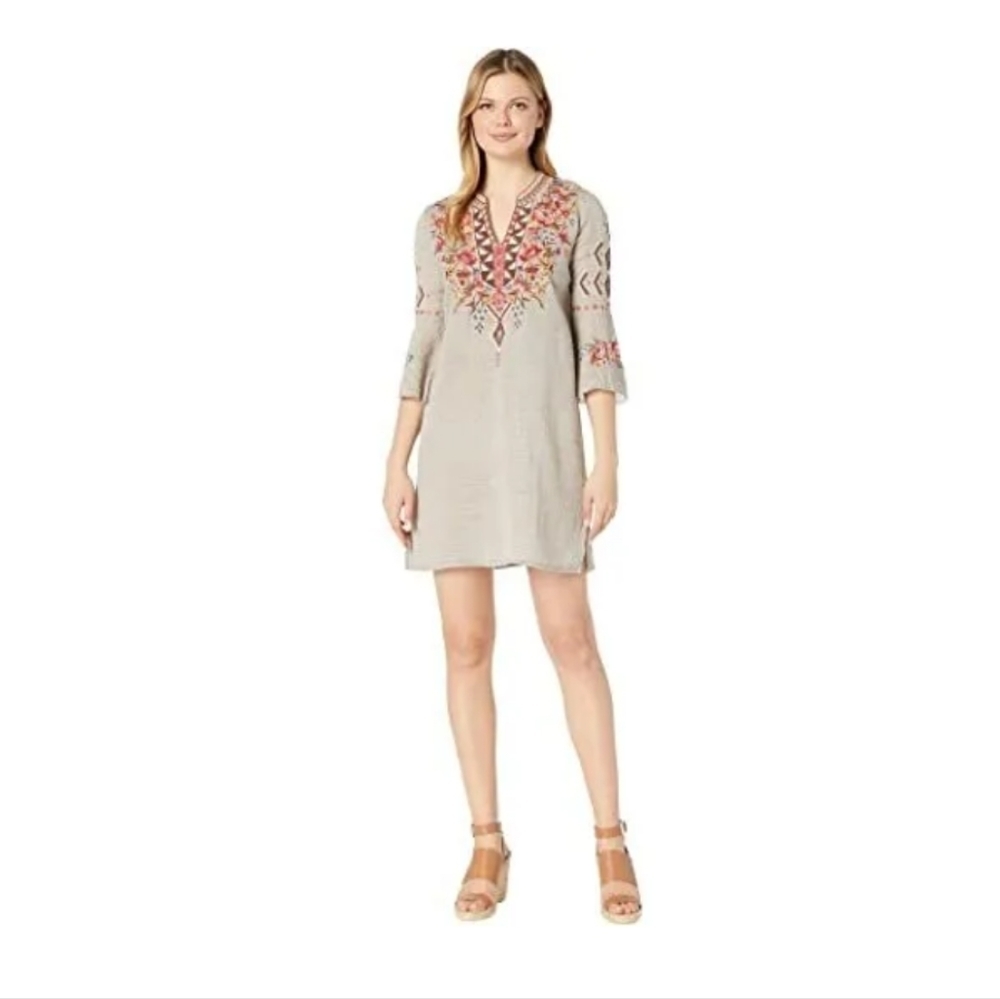 Johnny Was Gray Dress with Red and Pink Embroidery